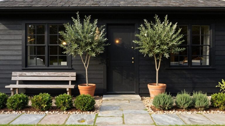 Black vertical board-and-batten house exterior with multipane windows, black front door with glass panel and brass lantern light, gravel bed containing bench and small plants, stone slab pathway, potted olive tree, and dwarf evergreen shrubs.
