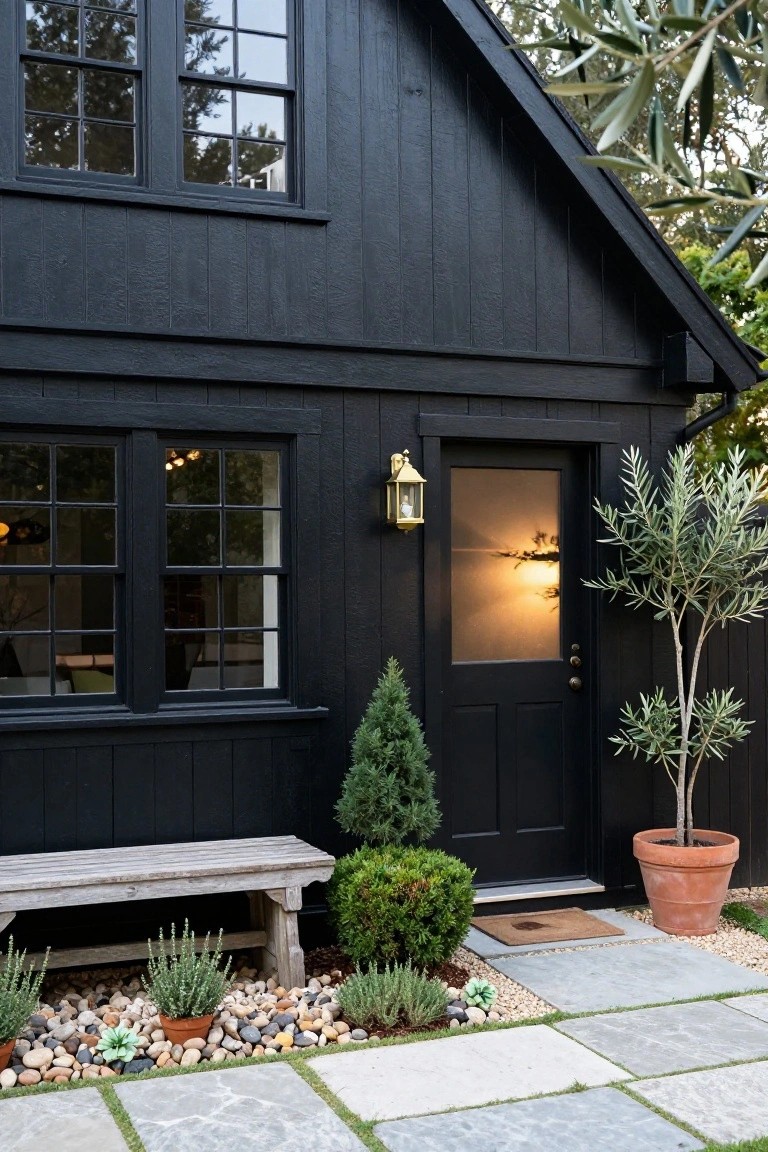 Black vertical board-and-batten house exterior with multipane windows, black front door with glass panel and brass lantern light, gravel bed containing bench and small plants, stone slab pathway, potted olive tree, and dwarf evergreen shrubs.
