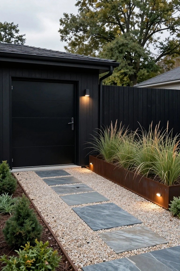 Black wooden garage door on a small black building approached by a gravel path with large irregular slate stepping stones, flanked by corten steel planters filled with tall ornamental grasses and accented by low lights.