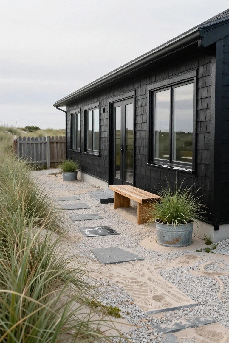 Side exterior of black shingle house with gravel pathway edged by stone slabs, wooden bench, potted grasses in metal buckets, tall beach grasses, picket fence, and dunes in background.
