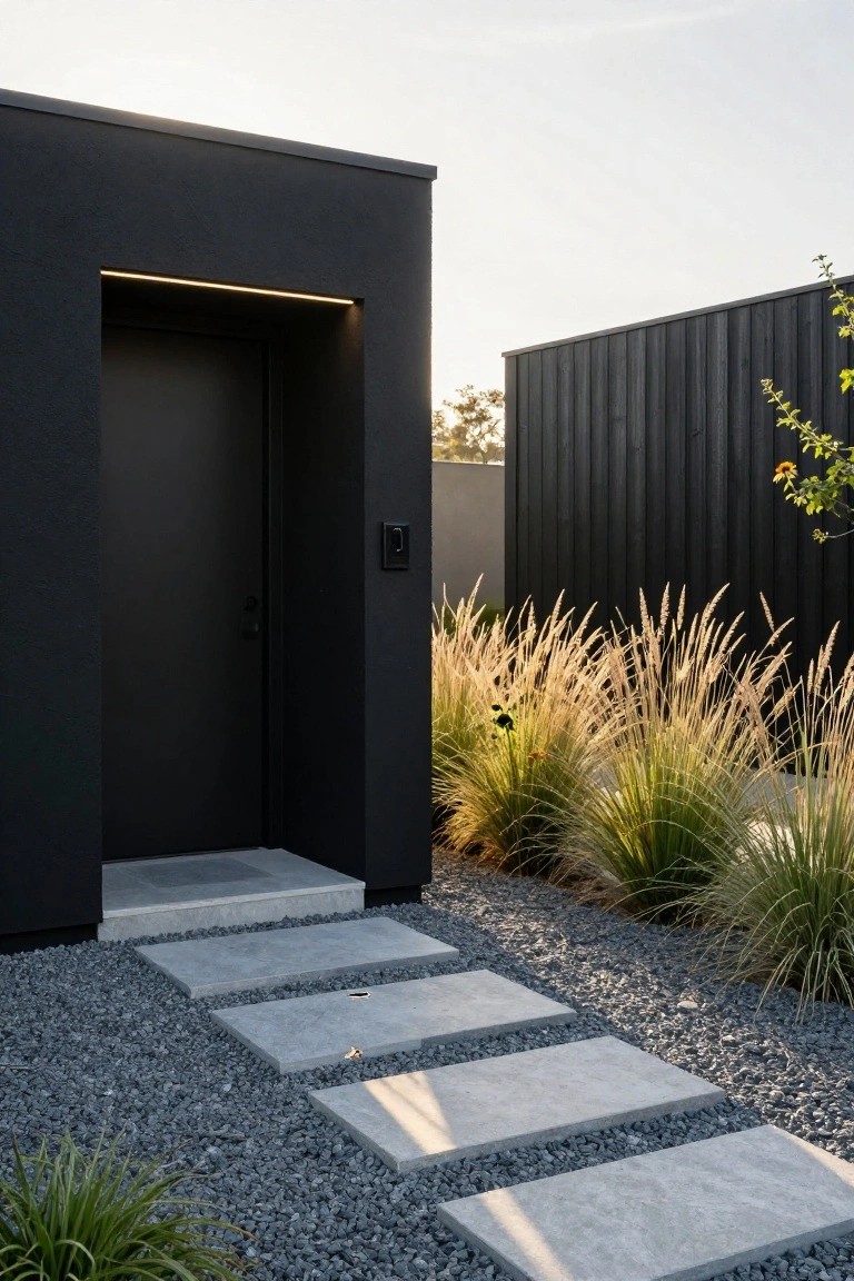 Black modern house corner with recessed entry door and LED strip lighting above it, leading to a gravel path with large rectangular concrete stepping stones, surrounded by ornamental grasses and a black wooden fence.