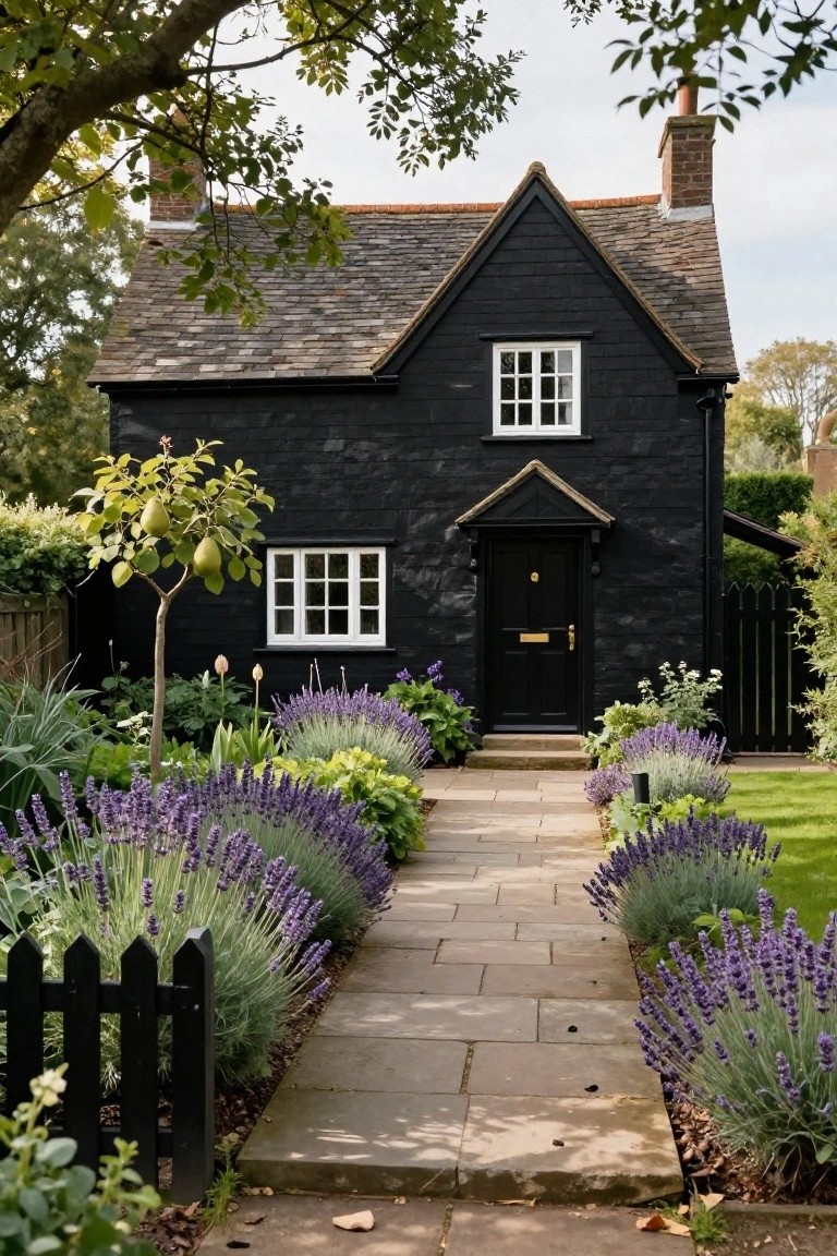 Black clapboard cottage with gabled roof, white-framed windows, and black front door, approached by a straight stone pathway lined on both sides with blooming lavender plants and a small pear tree nearby.