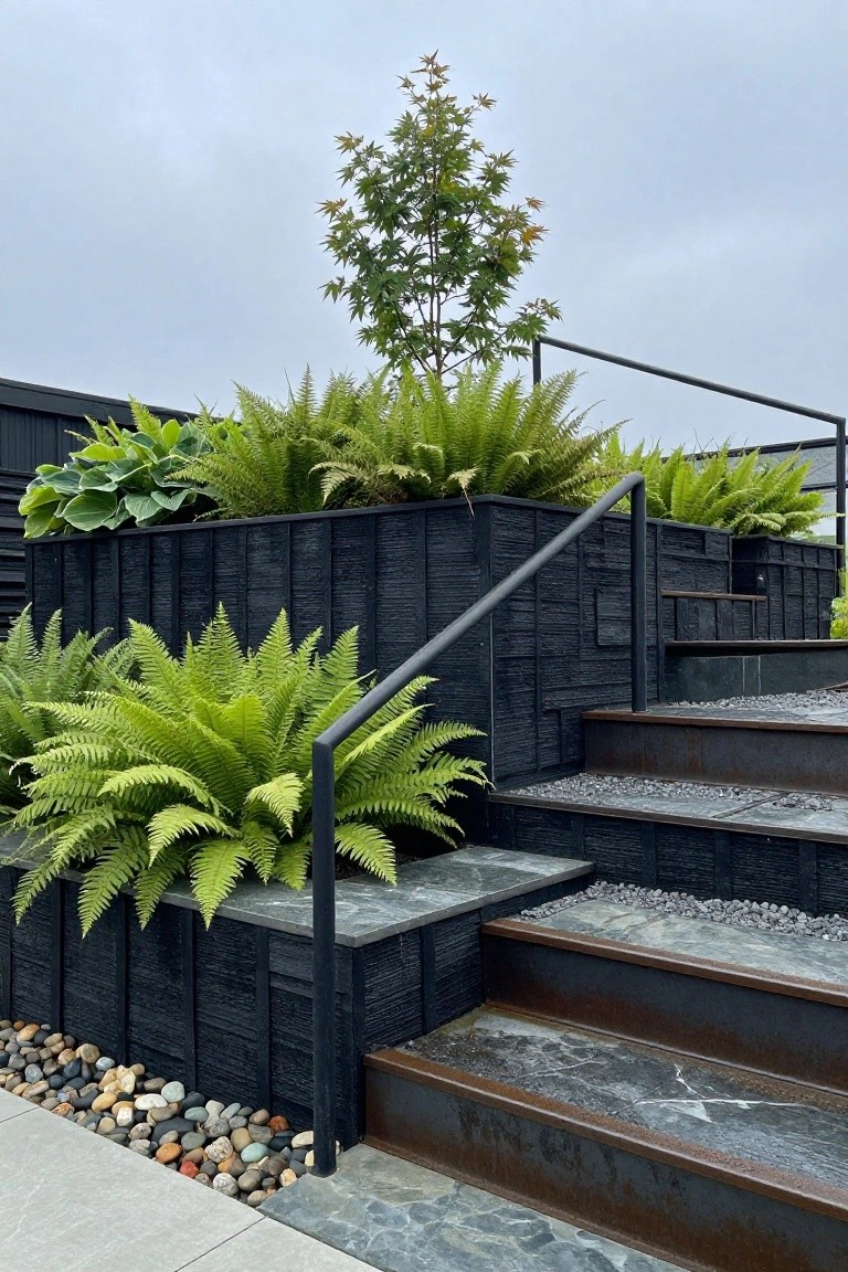 Black timber raised planters filled with lush green ferns and hostas flanking rusted metal stairs with dark railings, pebble accents, and a small green maple tree above.