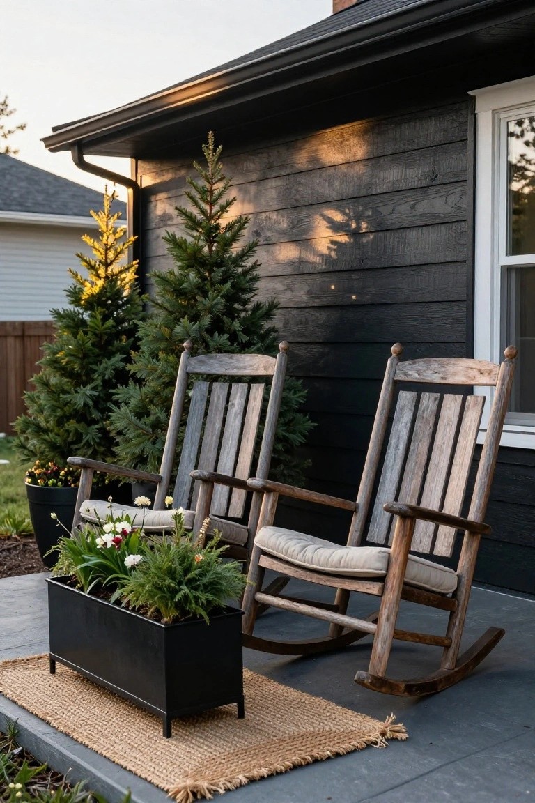 Two aged wooden rocking chairs with beige cushions on a concrete front porch of a black shingle house, a black rectangular planter filled with flowers and greenery positioned between the chairs, a seagrass rug on the porch floor, and small evergreen trees flanking the setup.