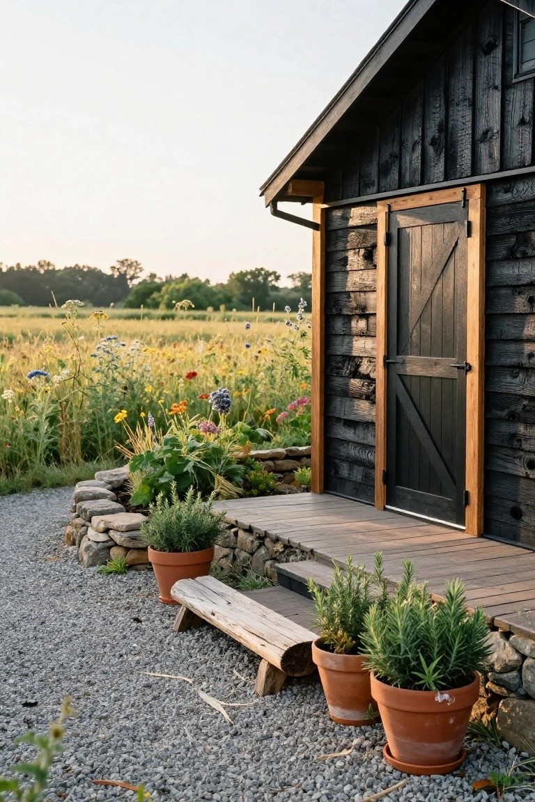 Black charred wood shed with dark slatted door and small porch on gravel area, surrounded by terracotta pots of rosemary plants, stone retaining wall with mixed greenery, wooden bench, and wildflower field in background.