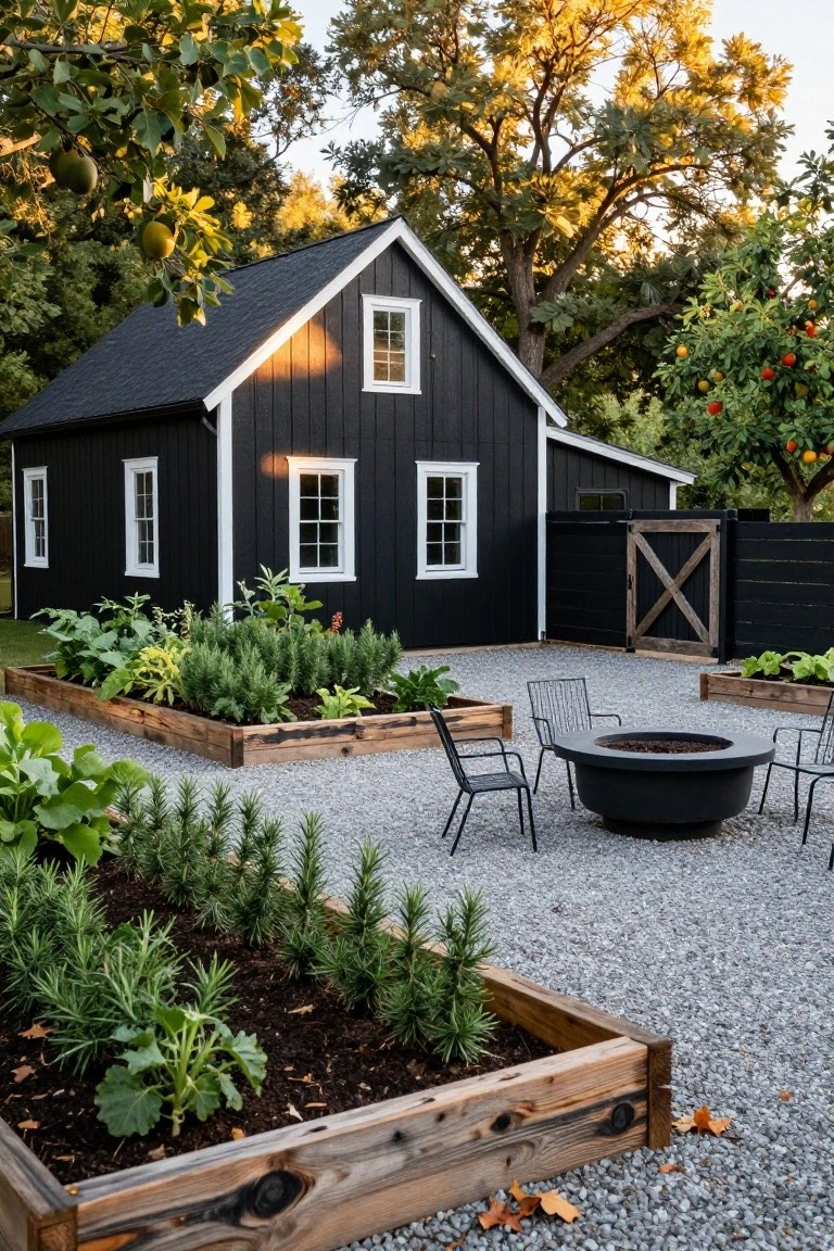 Black clapboard shed with white window frames and gabled roof, next to a gravel patio area with black fire pit, wire-frame chairs, and wooden raised garden beds filled with herbs, vegetables, and green plants.