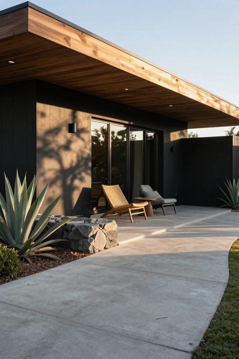 Black modern house exterior with teak wood overhang and glass doors, concrete pathway edged by agave plants and dry-stacked stone wall, rattan chairs on patio terrace.