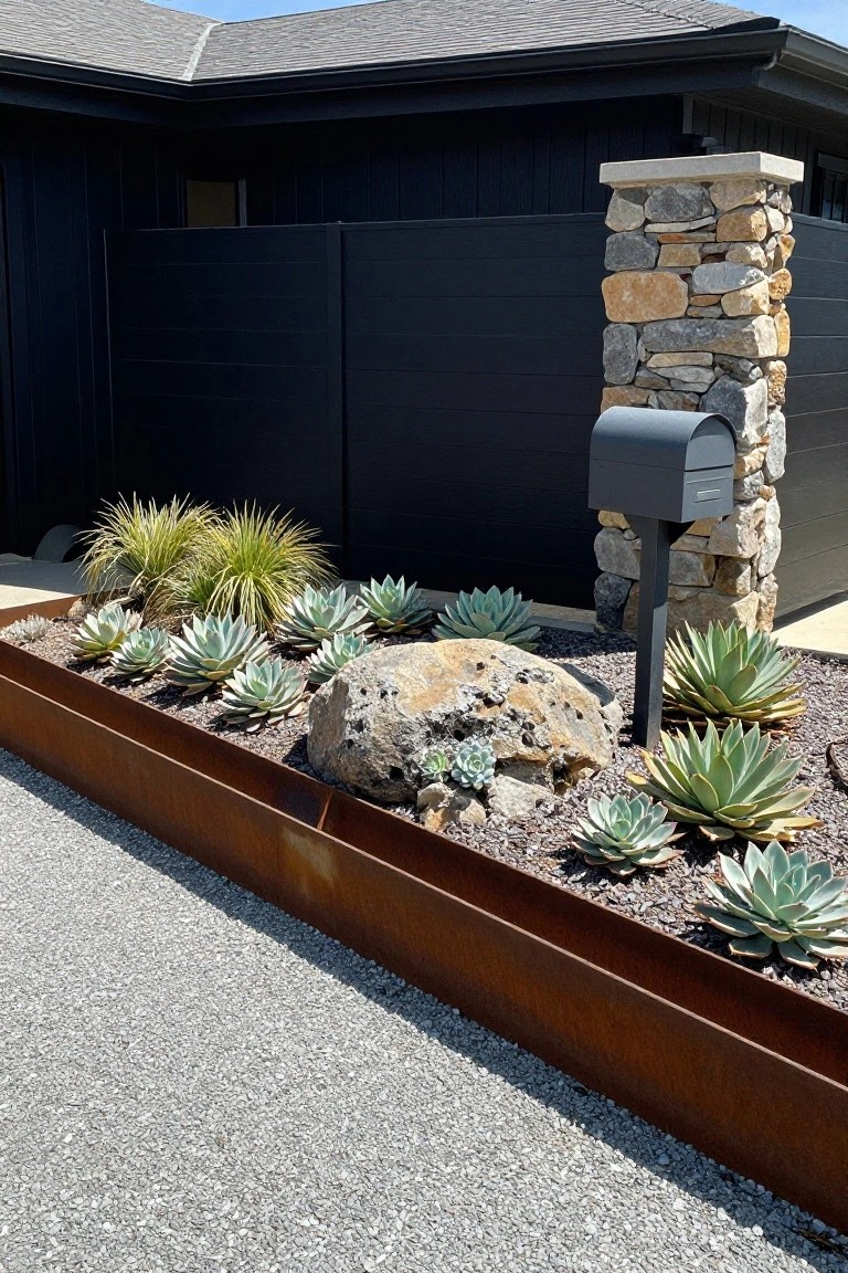 Black modern house with dark fence and stone pillar beside a rusted metal-edged raised garden bed planted with agave succulents, grasses, and a large rock along a gravel driveway.