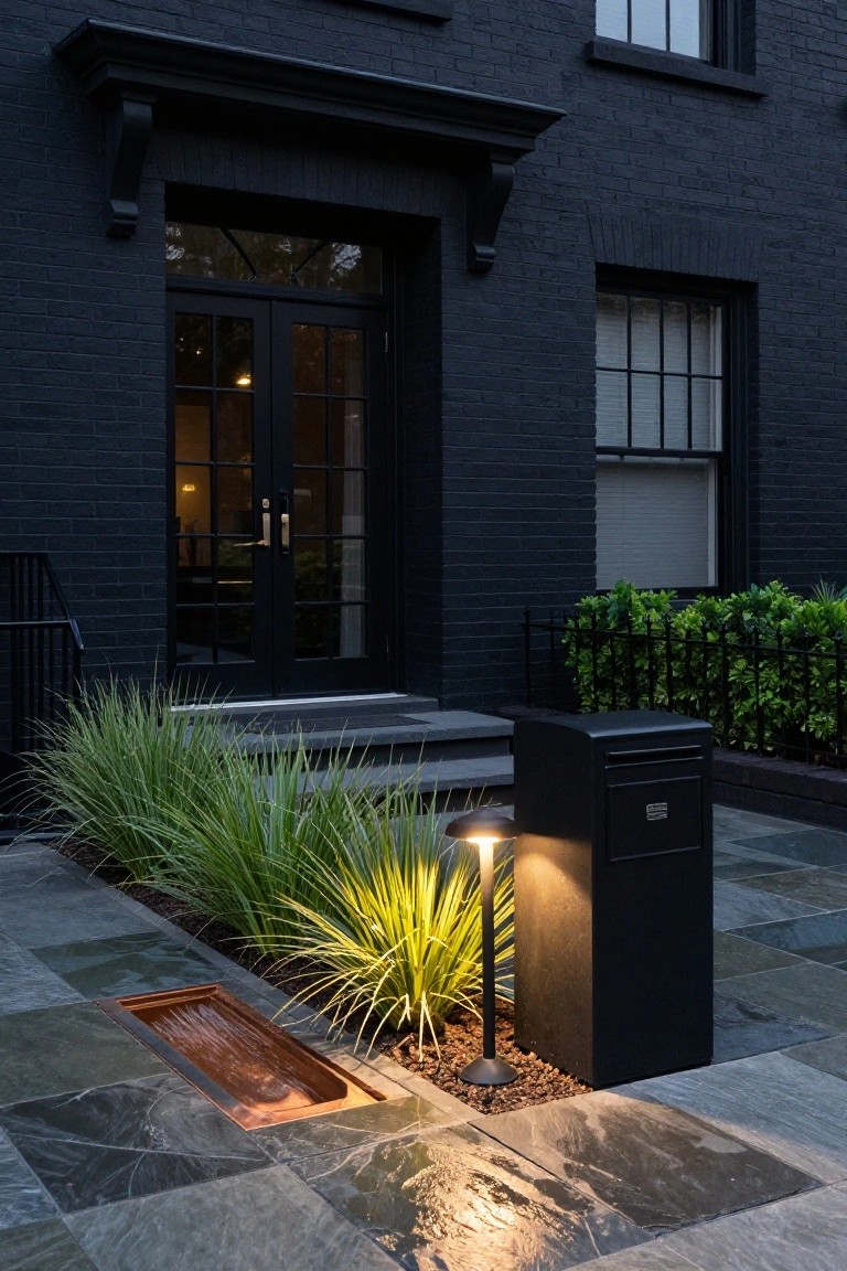 Black brick house facade with double glass doors and steps leading to a paved entry path edged by tall grasses, yucca plants, copper water trough, bollard light, and black mailbox.