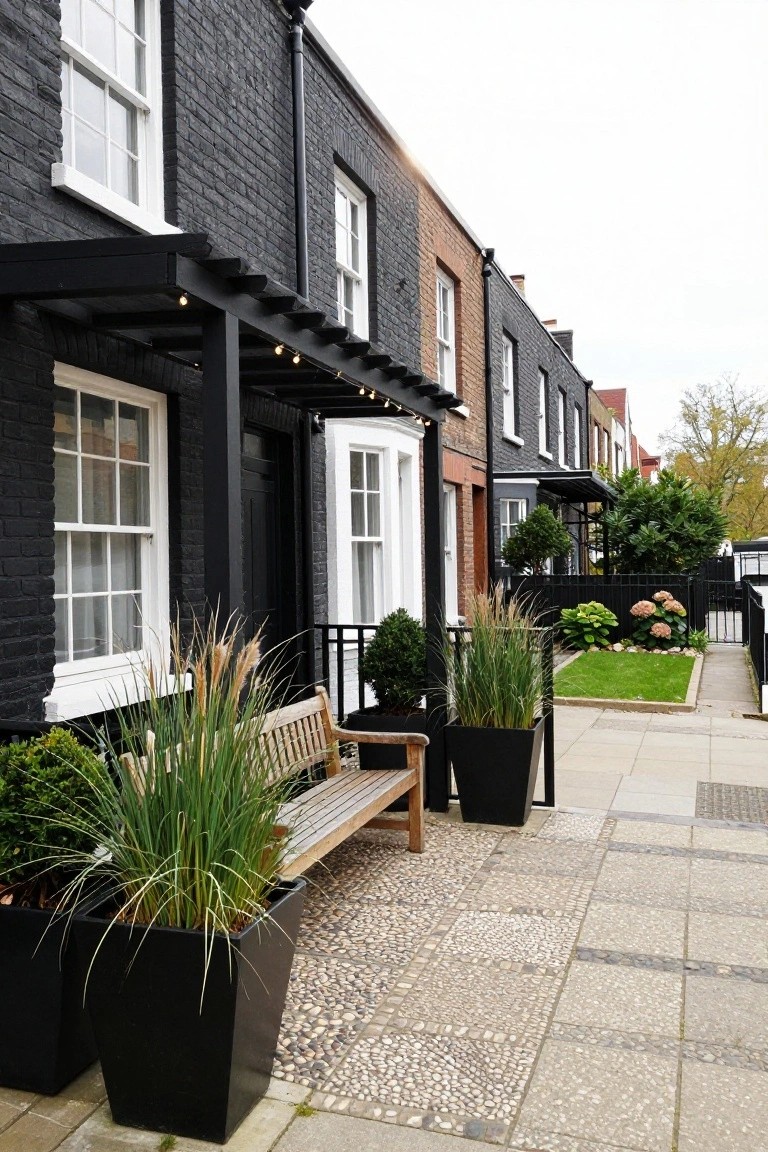 Black brick townhouses with a paved front pathway flanked by large black pots of tall ornamental grasses and a wooden bench, next to a small lawn area.