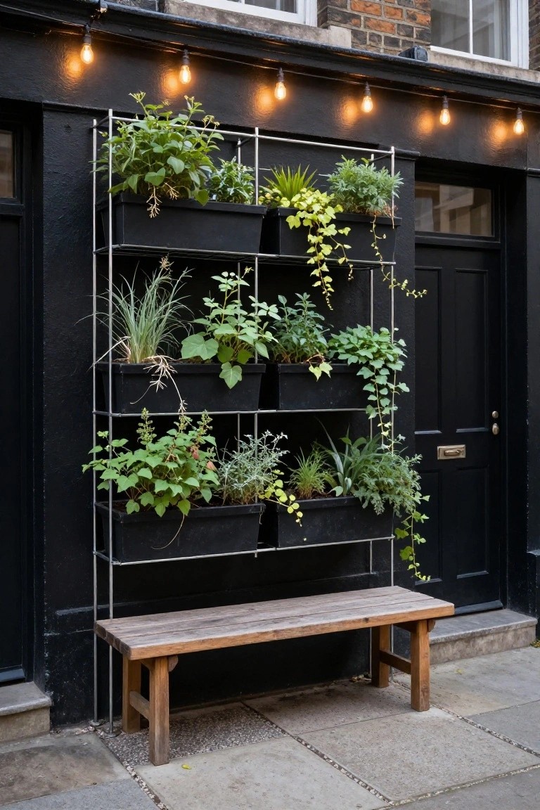 Black house exterior wall with tall metal shelving holding multiple black planters overflowing with green foliage including vines and grasses, string lights strung above, wooden bench at base next to black door on pavement.
