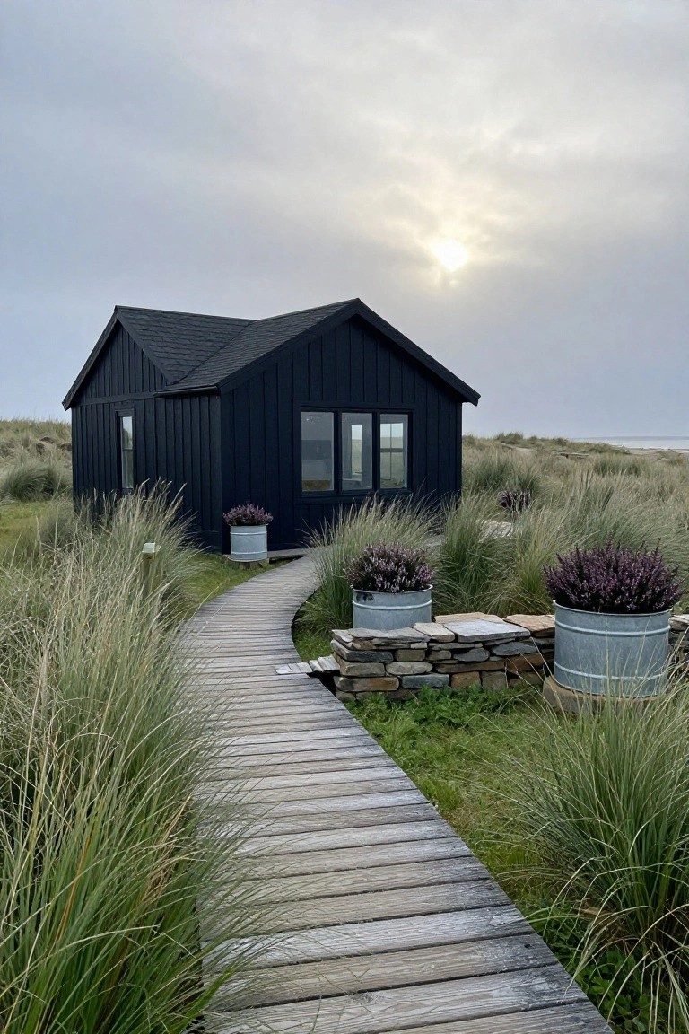Black wooden cabin with shingled roof and large windows sits at the end of a curved wooden boardwalk path winding through tall dune grasses, flanked by galvanized buckets of purple flowering plants, with ocean dunes in the background under a cloudy sky.
