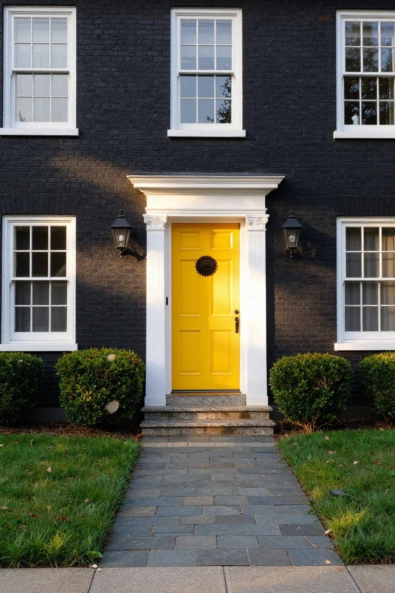 Front exterior of a black brick house with white window frames, centered yellow front door under white portico, black lanterns flanking the entry, boxwood shrubs on sides, stone steps and pathway.