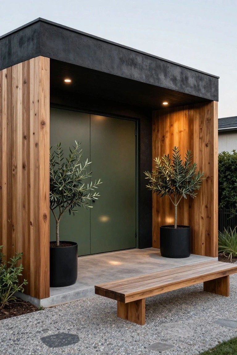 Modern house entrance with black upper structure, vertical cedar wood cladding on sides, large dark green double doors, two potted olive trees flanking the entry, wooden bench on concrete pad, and gravel path in front.