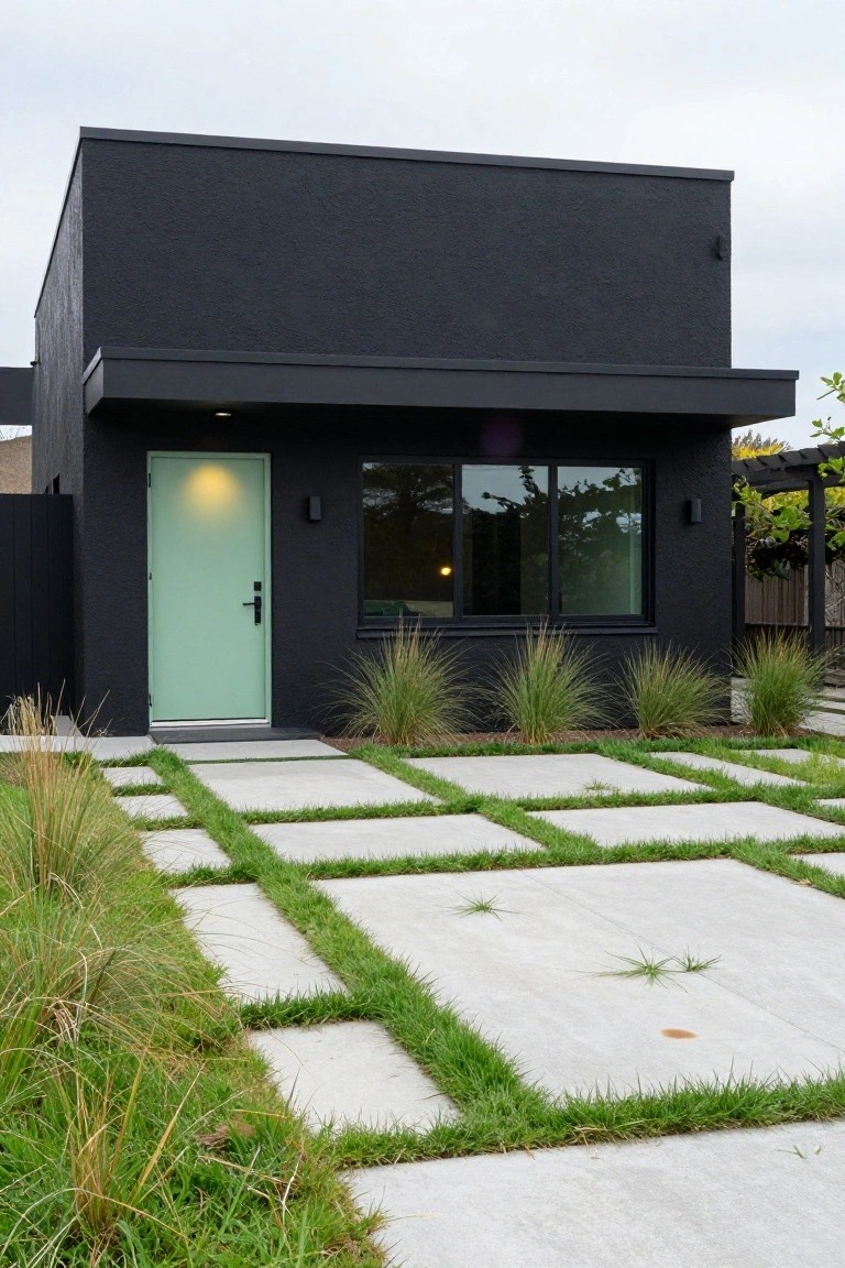 Modern black stucco house exterior featuring a mint green metal front door with black handle, black-framed window, wall lights, concrete paver entry path with grass inlays, and tall ornamental grasses along the sides.