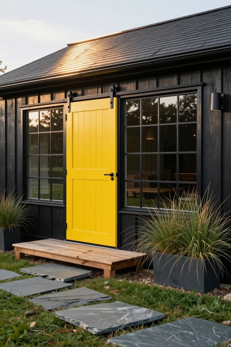 Black wooden shed building with a large yellow sliding barn door, black-framed windows, potted pampas grass on either side, wooden bench step, and slate stone path in front yard.