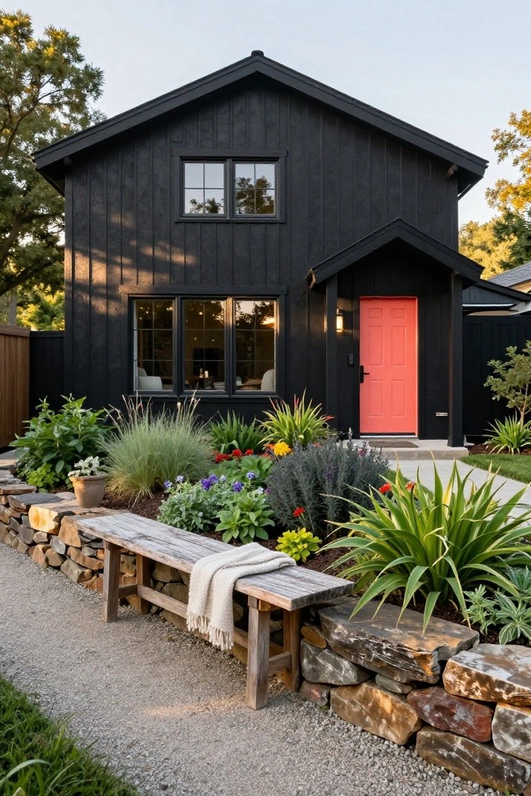 Black board-and-batten house exterior with a bright red front door under a gabled entry porch, flanked by a stone retaining wall, wooden bench, and various plants along a gravel path.
