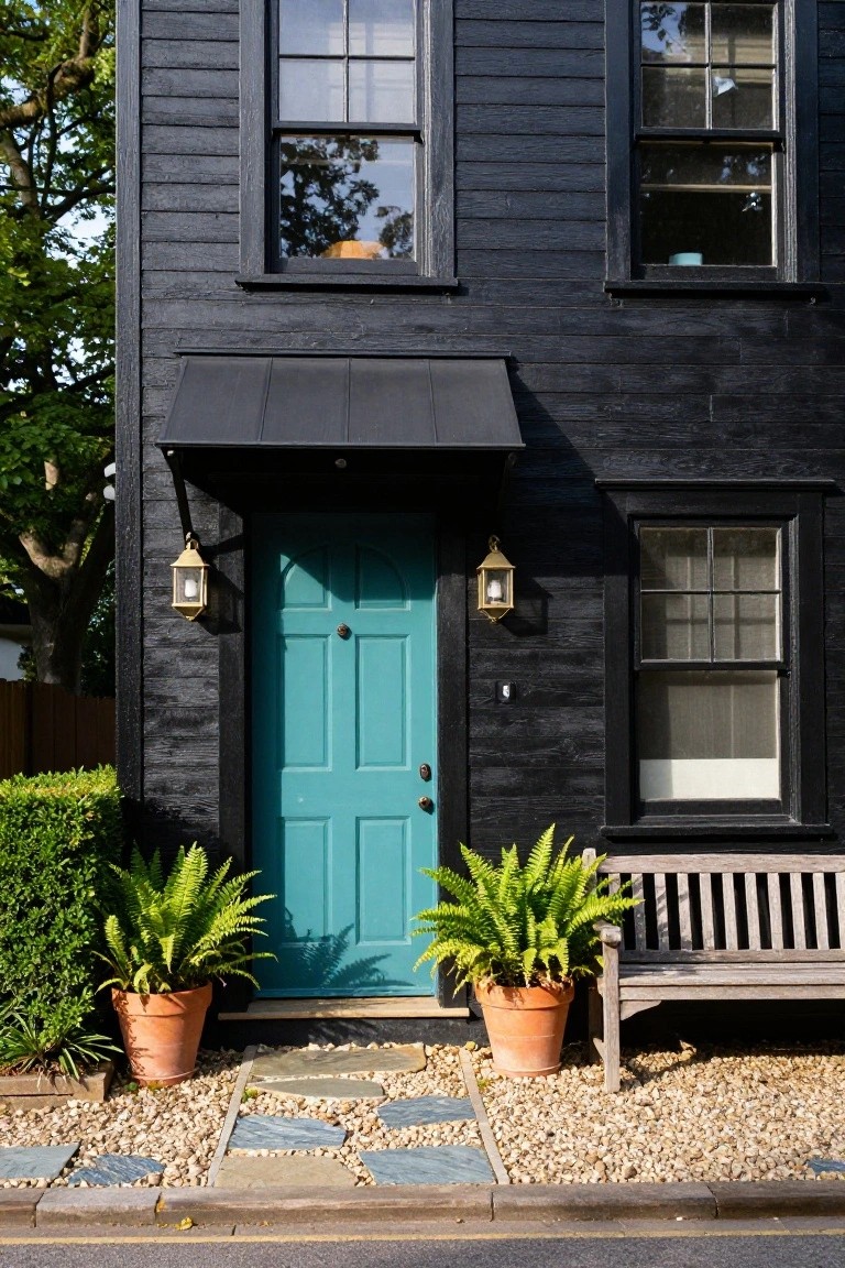 Two-story black clapboard house exterior featuring a turquoise paneled front door with brass hardware, flanked by lantern lights, potted ferns, a wooden bench, and a stone path on gravel landscaping.
