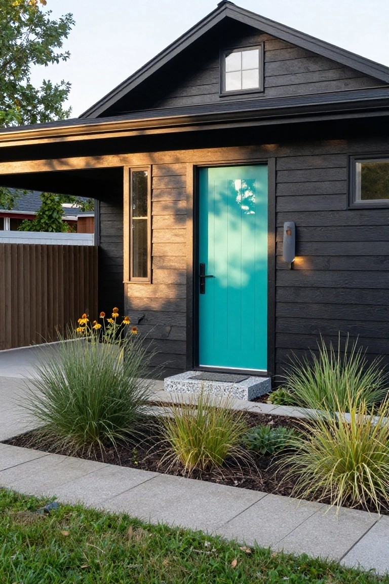 Black wood-clad house exterior with a turquoise front door under a covered porch, concrete entry step, low ornamental grasses in beds, and concrete walkway.