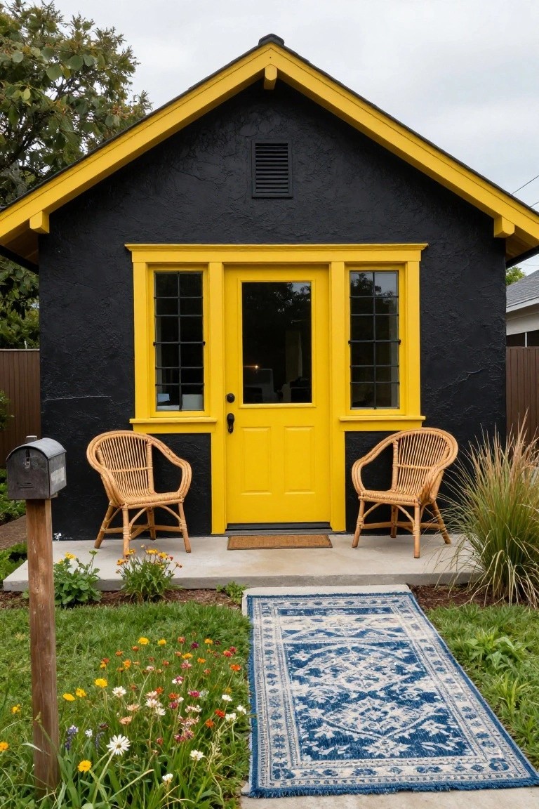 Small black cottage with yellow front door and window trim, two wicker armchairs on concrete porch with blue rug, metal mailbox, potted plants, and colorful garden flowers in front.