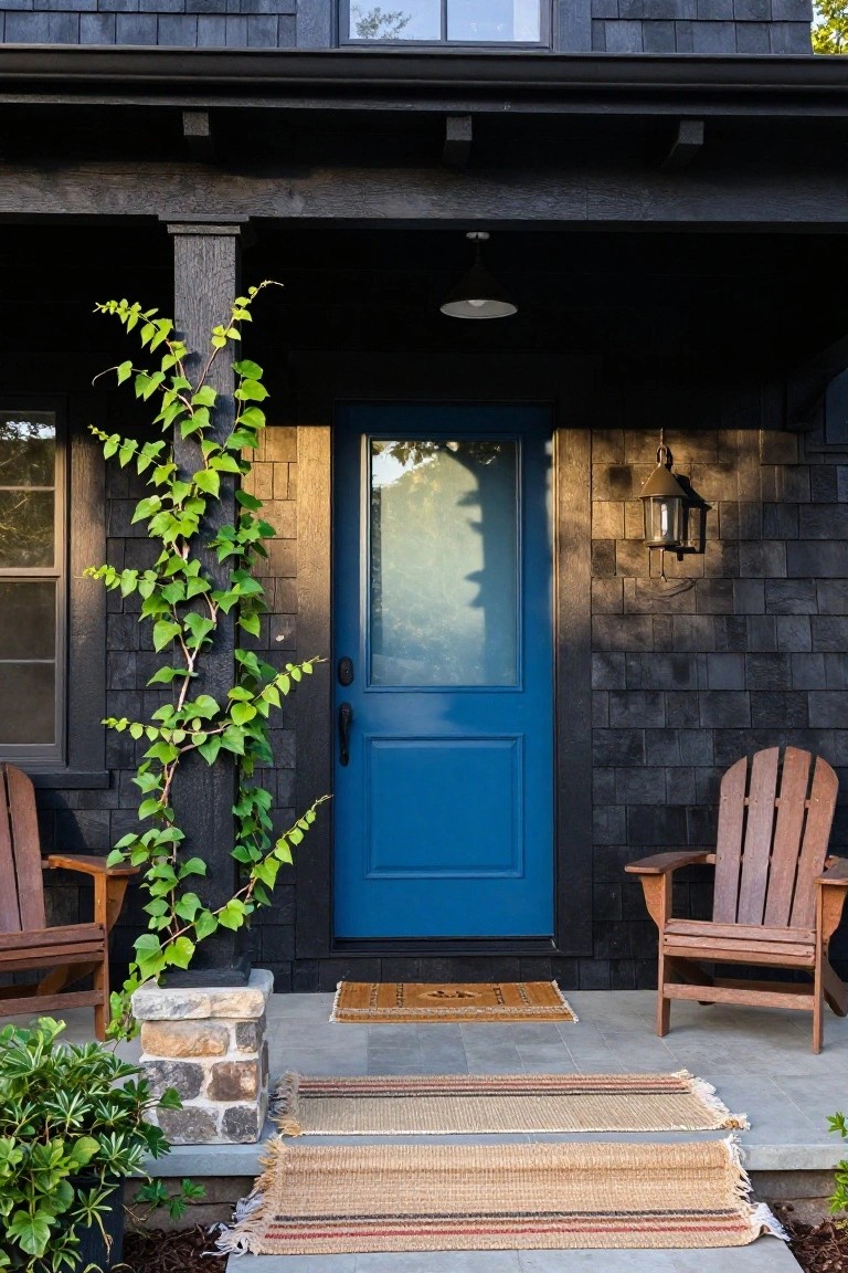 Front porch of a black shingled house featuring a blue glass-paneled door, climbing vines on a wooden post, two Adirondack chairs, wall lantern, hanging light, potted plants, and woven rugs on concrete steps.