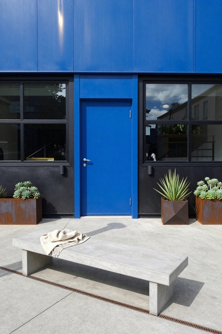 Modern building facade with blue cladding and blue entry door centered between black-framed windows, flanked by rust-colored pots of succulents, and a concrete bench with beige blanket on a paved area.