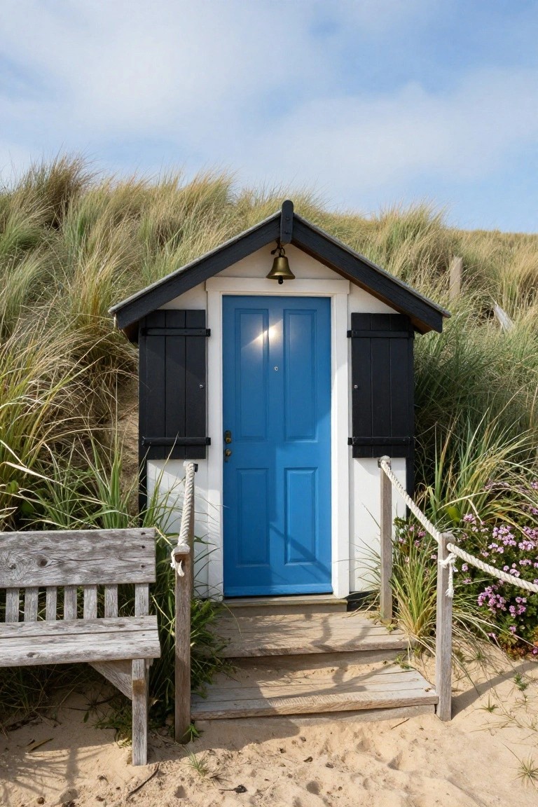 Small beach hut with white walls, black shutters and gabled roof, glossy blue front door, bell, rope railings on wooden steps, weathered bench, surrounded by sand dunes and tall grass under partly cloudy sky.