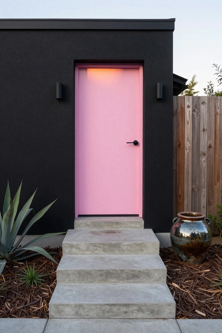 Black stucco house exterior with bright pink front door, black cylindrical wall lights on each side, concrete steps, agave plants, and a large metallic pot nearby.
