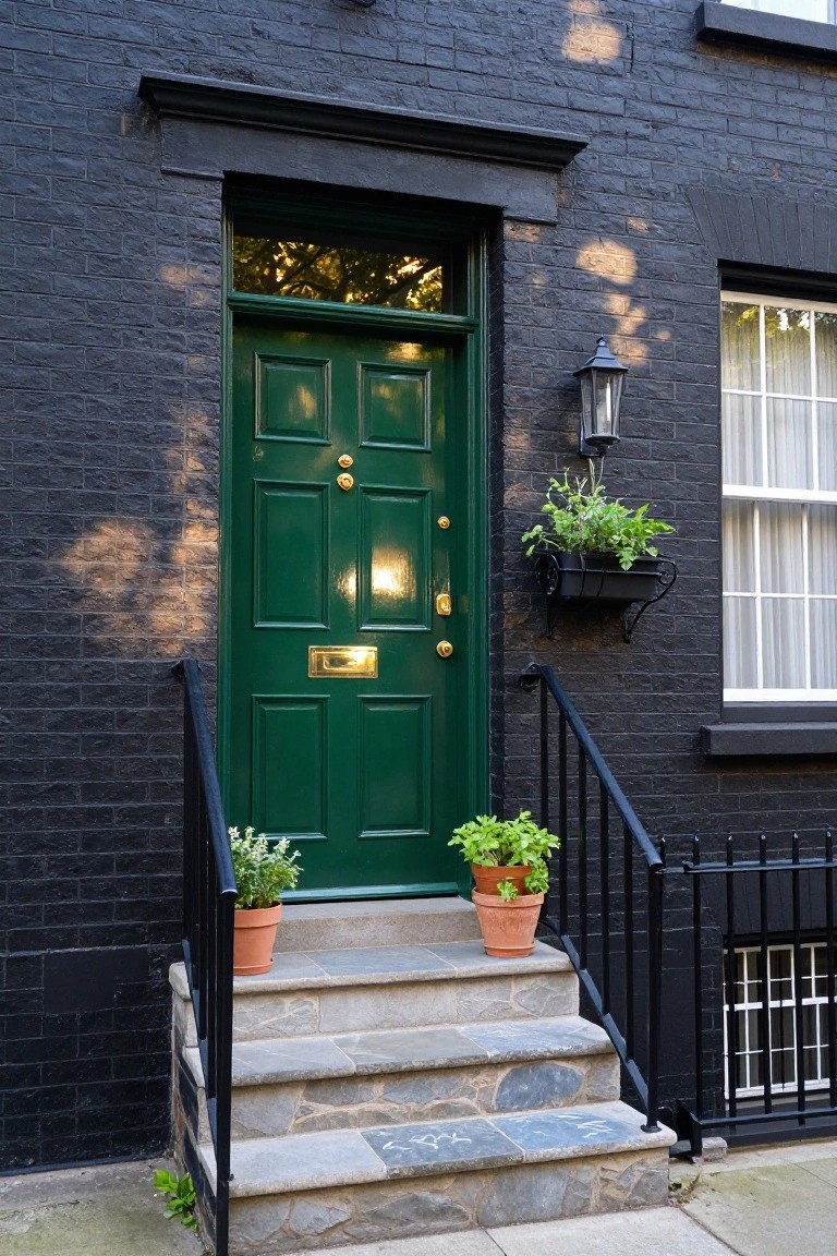 Black brick townhouse facade featuring a glossy green paneled front door with gold knocker and letterbox, flanked by stone steps with potted plants, black metal railing, and wall-mounted lantern.