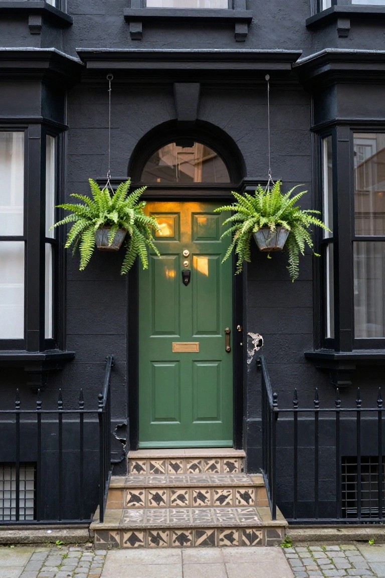 Black painted Victorian-style terraced house exterior featuring a dark green paneled front door with brass knocker and letterbox, flanked by two hanging ferns in rusted metal baskets, black wrought iron railing, and tiled steps on a cobblestone path.