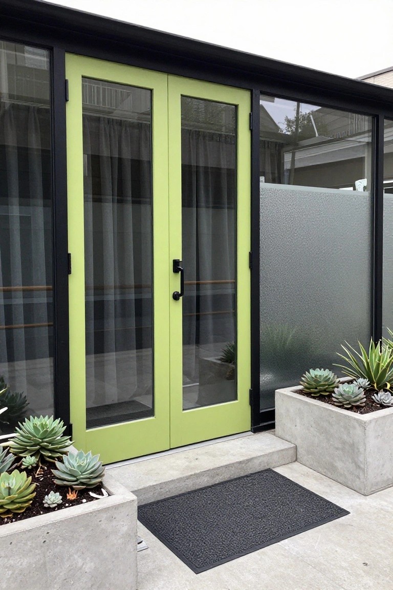Lime green double French doors with black metal frames and handles, flanked by vertical frosted glass panels and concrete planters filled with succulents, on a concrete entry step with a black doormat.