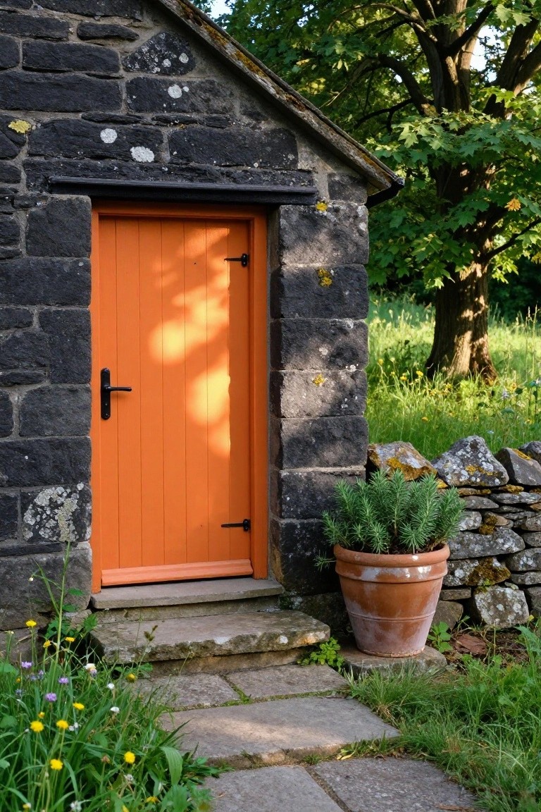 Dark slate stone outbuilding with a solid orange wooden front door, black handle, stone steps leading up, a large terracotta pot of rosemary plant beside it, dry stone wall, and surrounding grass and wildflowers.