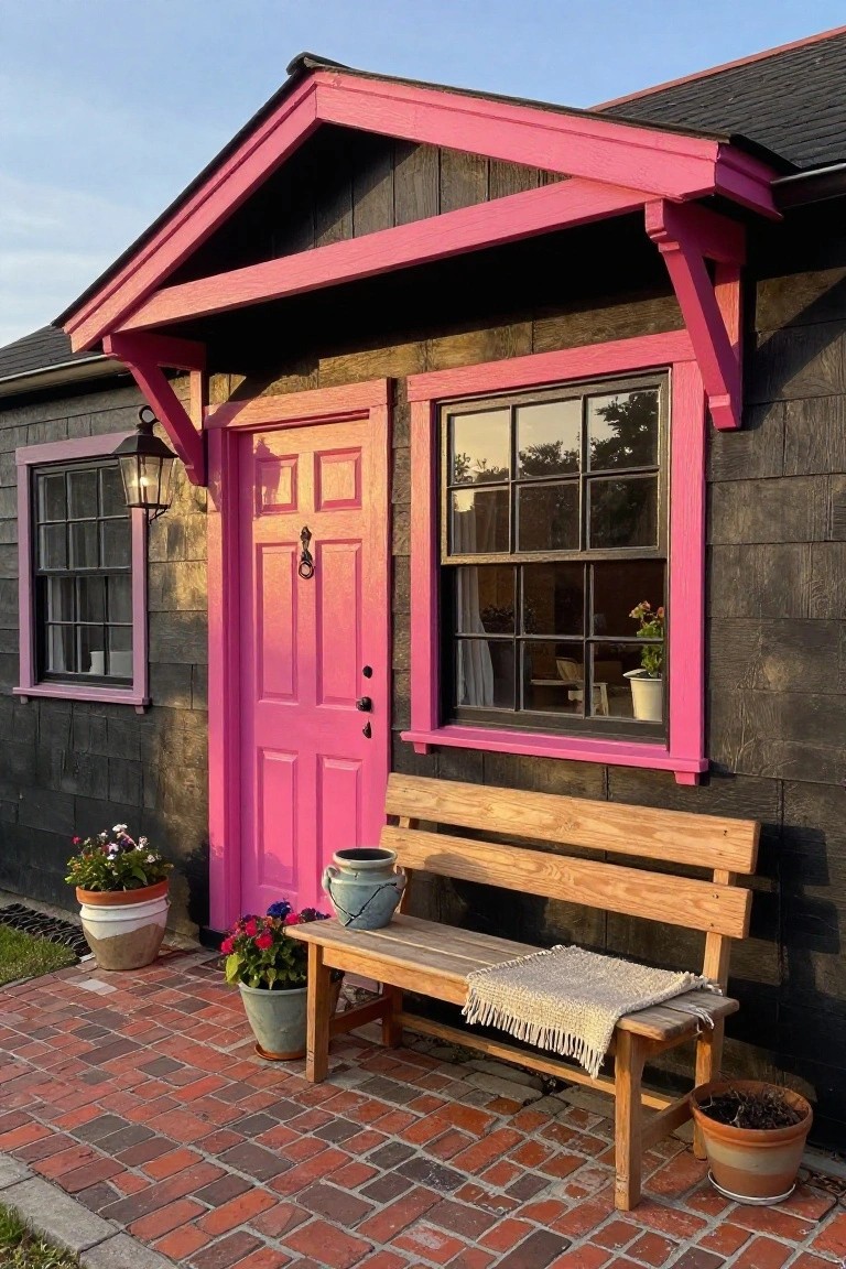 Black shingled house exterior with pink trim on gable, door, and windows, featuring a bright pink front door, wooden bench with throw on brick pavers, and potted plants.