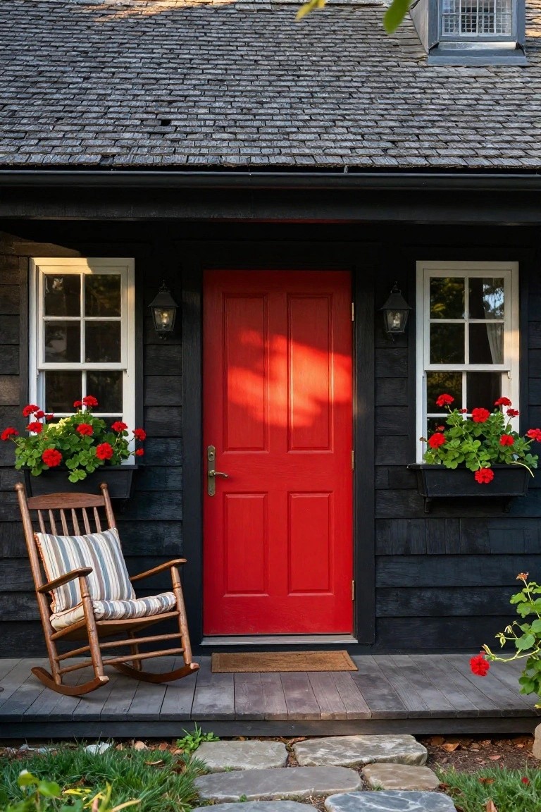 Black shingle house exterior featuring a red front door flanked by white-framed windows with red geranium planters, a wooden rocking chair on the porch, lanterns on either side of the door, and a stone path leading to the entry.