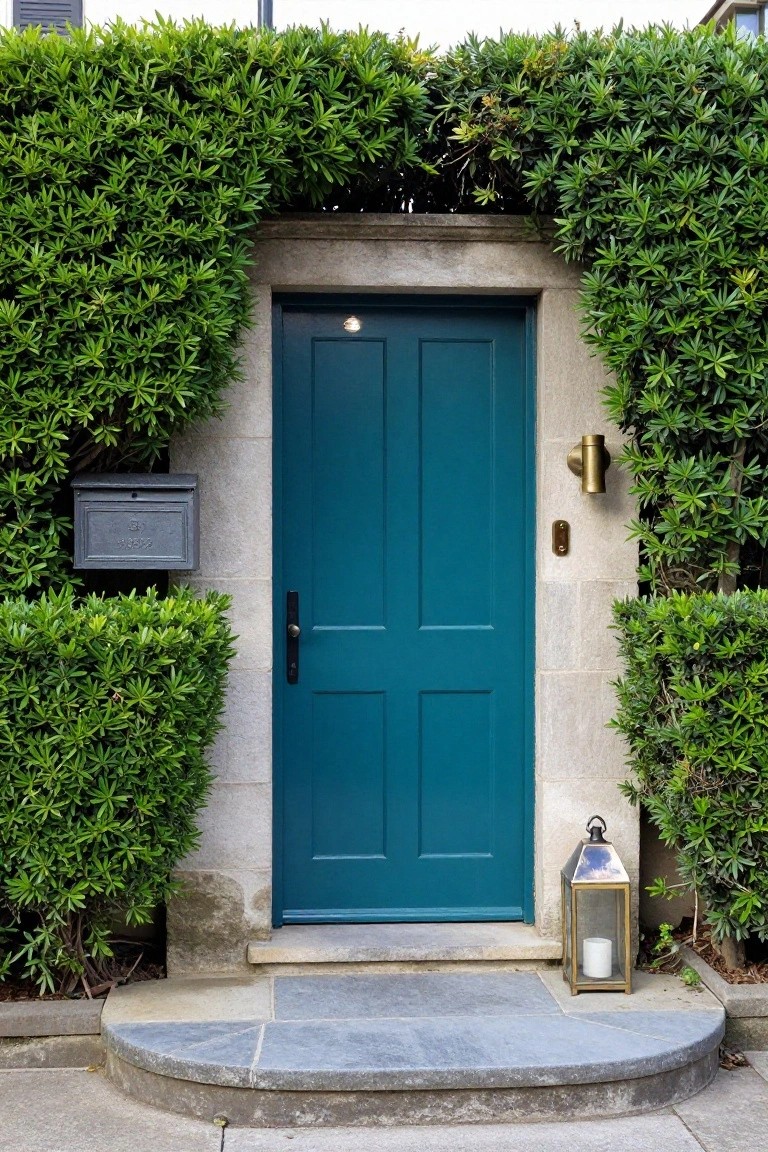 Turquoise paneled front door on a stone house facade surrounded by dense green boxwood hedges, with a black mailbox, brass wall light, doorbell, lantern on steps, and slate threshold.