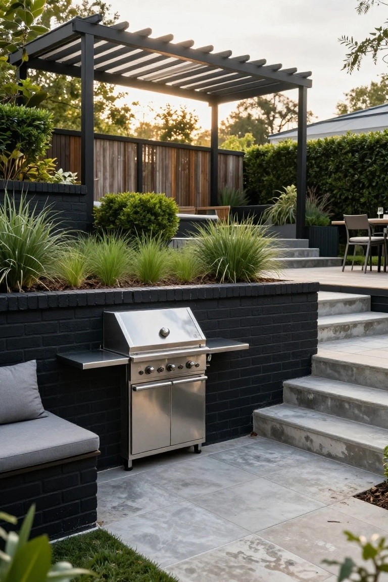 Black brick retaining wall with built-in stainless steel BBQ grill and adjacent cushioned bench seat, topped with ornamental grasses, concrete steps nearby, and pavers on the ground