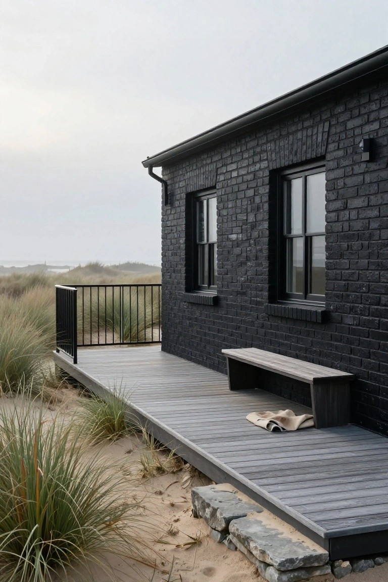Side view of a black brick house with black-framed double-hung windows, gray wooden deck extending to black metal railing, wooden bench on deck, sand dunes and beach grass in foreground.