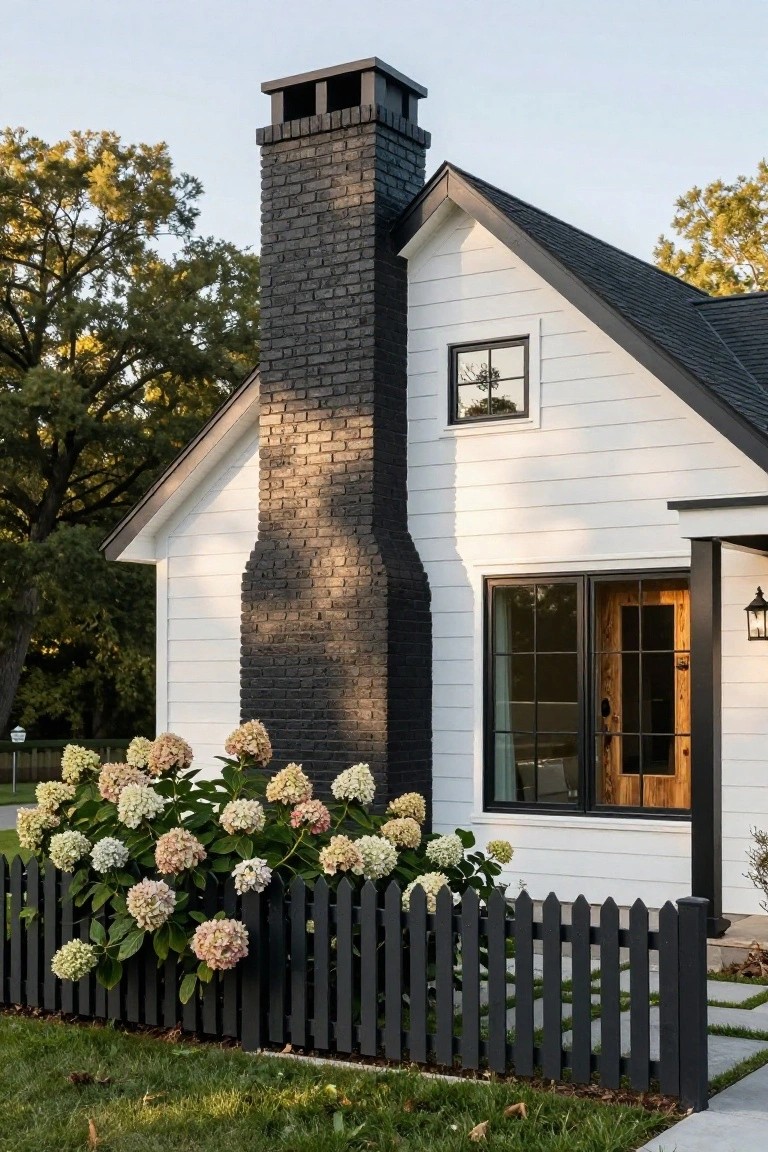 White board-and-batten house exterior with tall black brick chimney, black window and door frames, wooden front door, lantern light, black picket fence, and blooming hydrangeas along the fence in front of a green lawn.