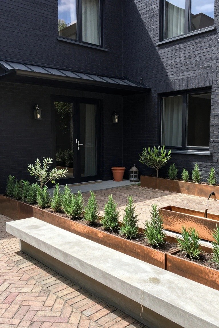 Black brick house exterior showing a glass entry door under a metal awning, with copper raised planters filled with rosemary and olive trees lining a brick path, a concrete bench nearby, and wall lanterns.