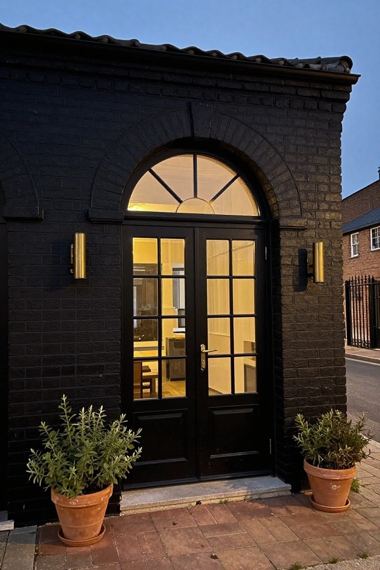 Black-painted brick facade with large arched window above black double doors, gold cylindrical wall lights, and two terracotta pots of rosemary plants on a brick-paved path at twilight.