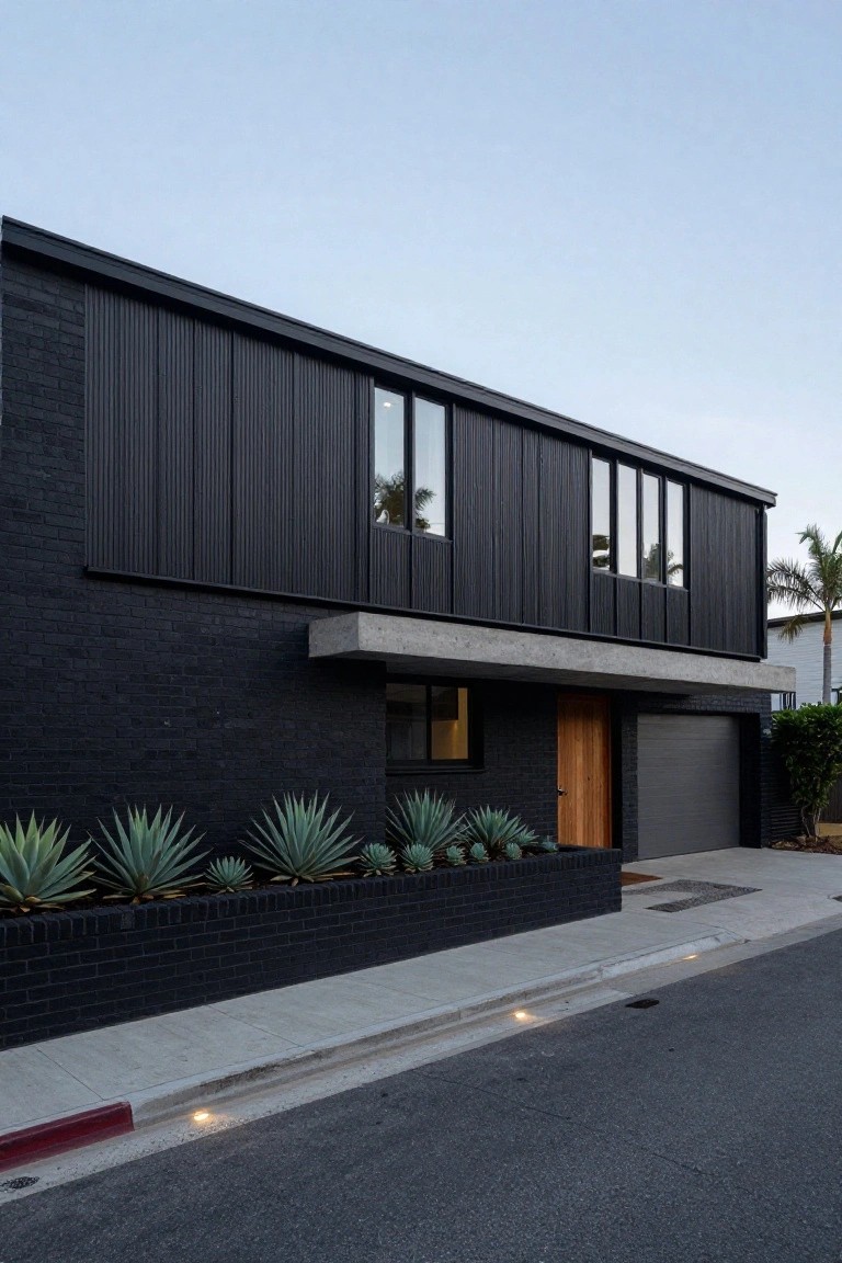 A modern two-story house exterior with black brick on the lower level, dark vertical timber cladding on the upper level and side, concrete cantilever roofline, wooden front door, gray garage door, agave plants in a brick-edged planter, and palm trees nearby on a street at dusk.