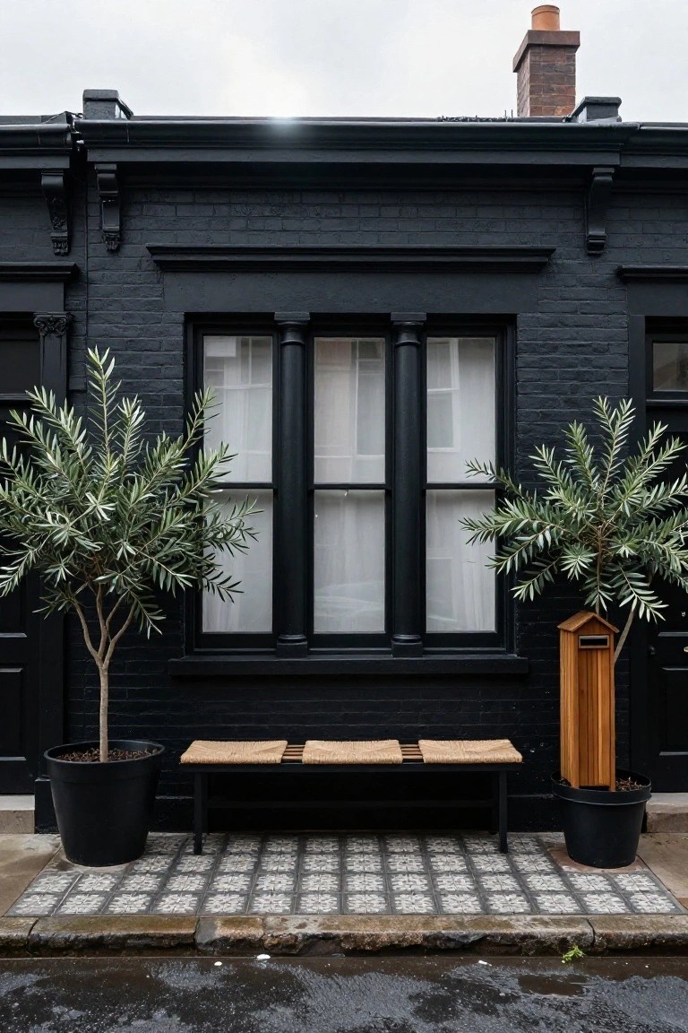 Black brick house exterior with a tall three-pane window flanked by two potted olive trees in black pots, a woven bench in front, tiled entry area, wooden post beside right tree, and wet street in foreground.