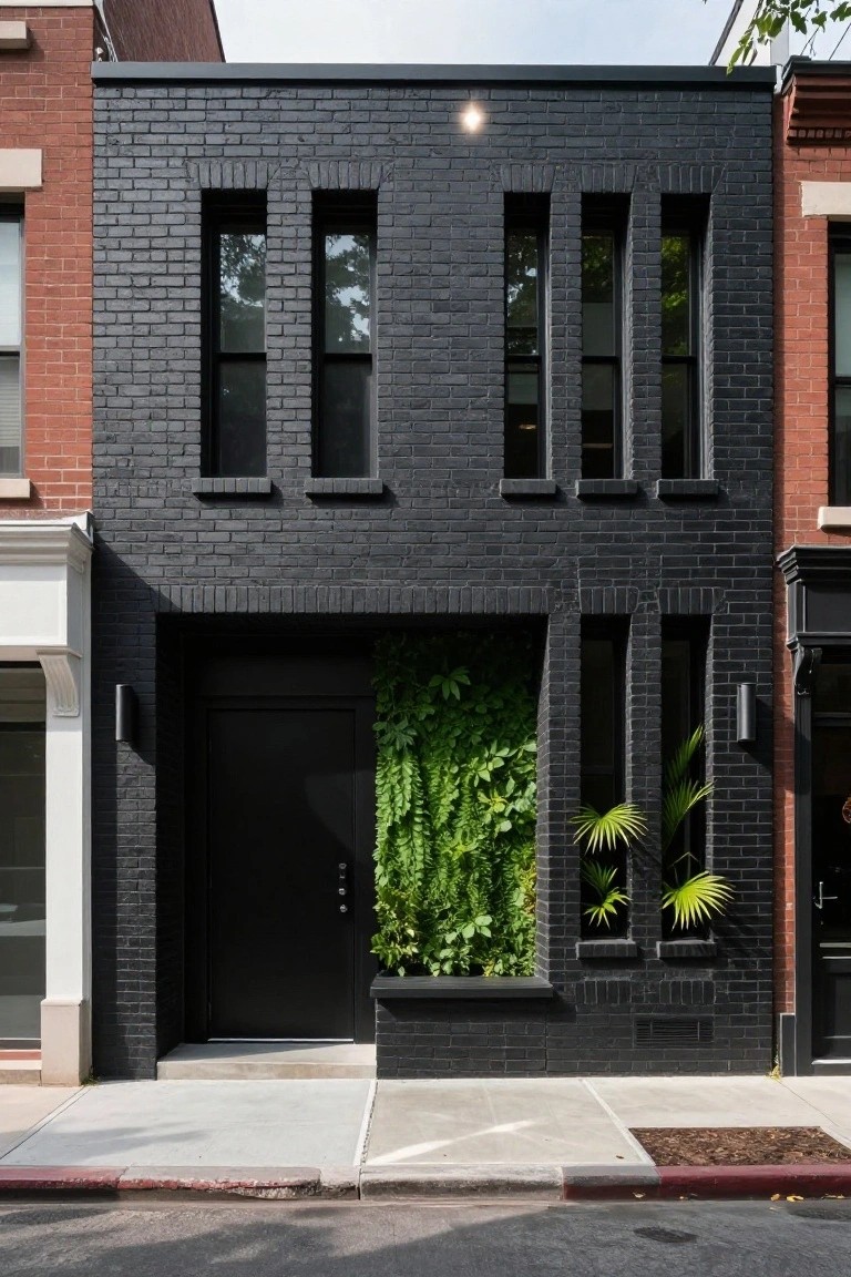 Narrow three-story black brick townhouse exterior with vertical green plant wall beside black entry door, slim recessed windows, black light fixtures, potted palms, flanked by lighter brick neighboring buildings on a city street.