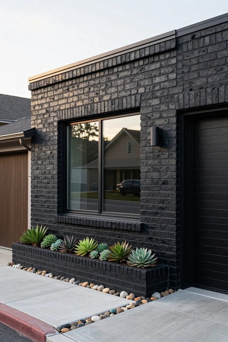Side exterior of a black brick house with a large reflective window, matte black garage door, brick planter bed filled with succulents, river rocks, and concrete sidewalk.