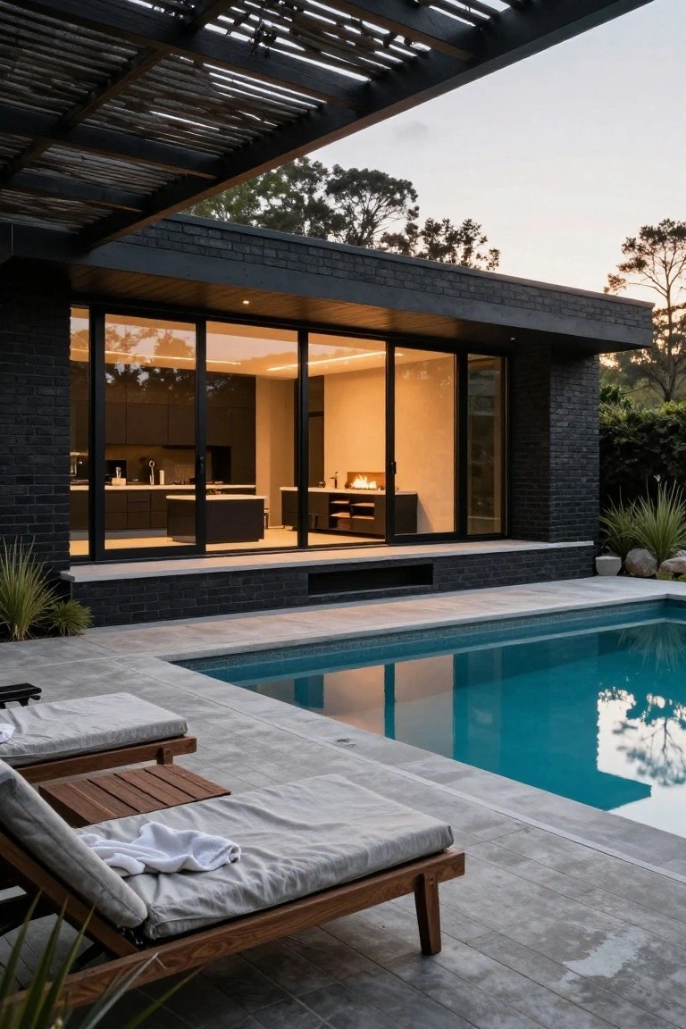 Black brick modern house with large open glass doors revealing a kitchen inside, next to a turquoise pool deck with two lounge chairs under a slatted wood pergola at dusk.