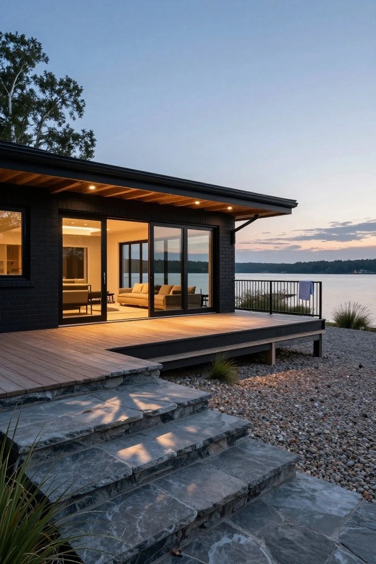 Black brick single-story house exterior at dusk with open folding glass doors to a wooden deck and metal railing overlooking a lake, gravel path with stone steps leading down.