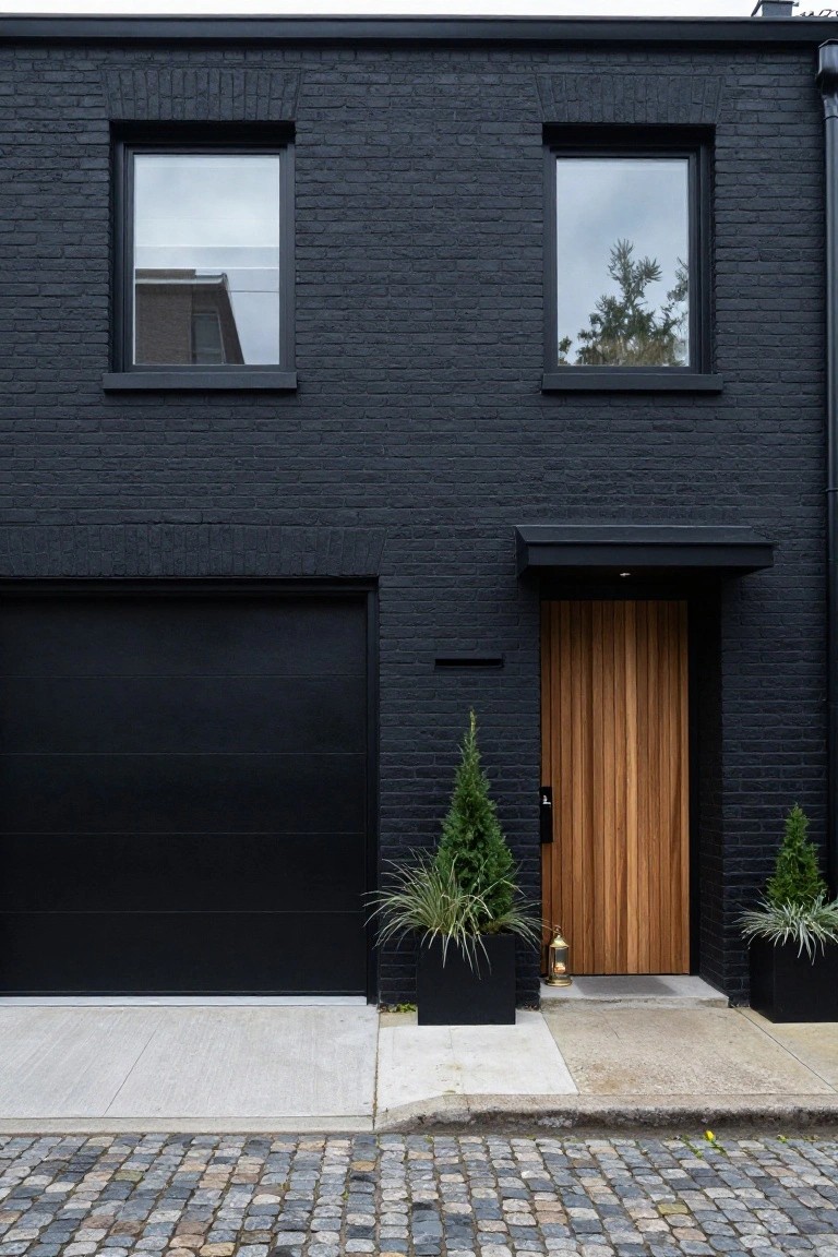 Black brick two-story house exterior with black garage door, tall wooden front door with vertical slats, potted plants and lantern beside the entry, on a cobblestone sidewalk.