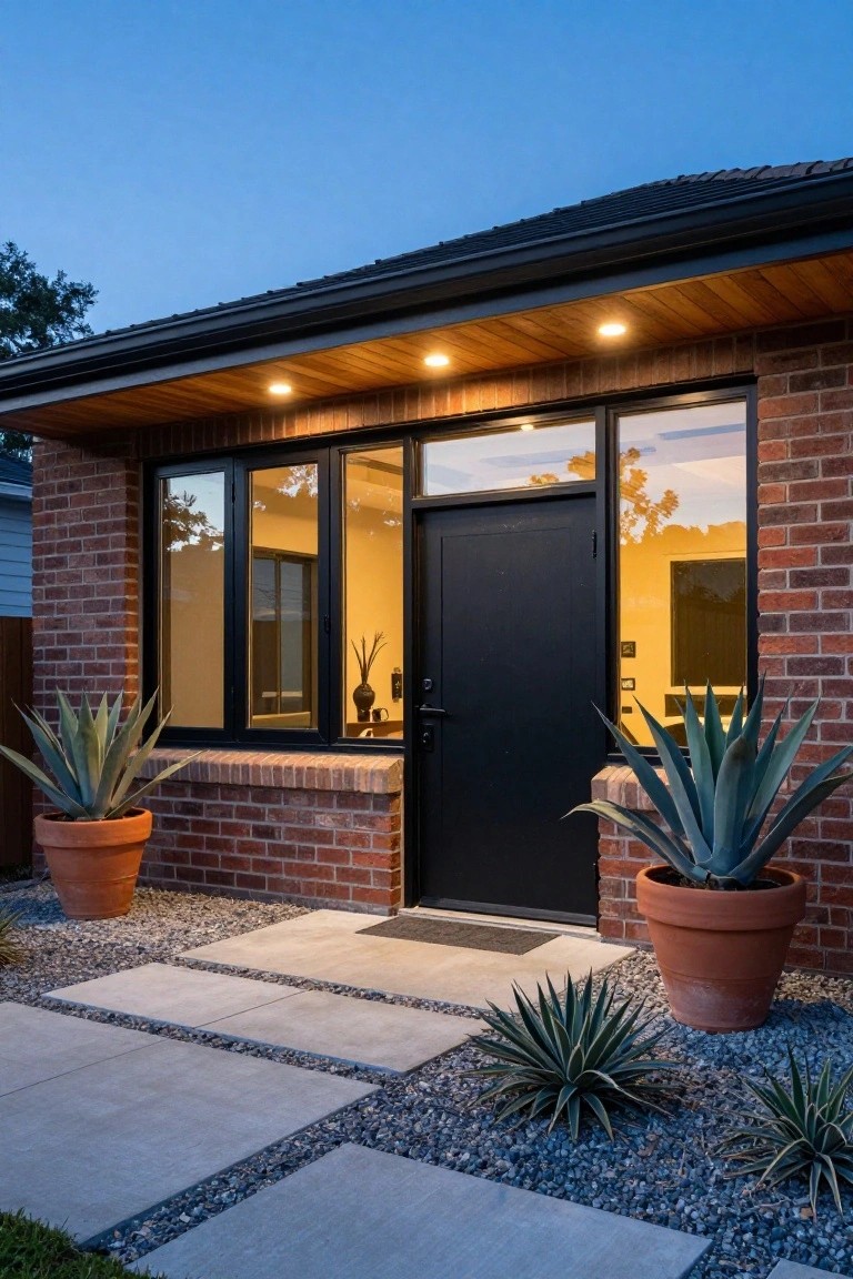 Evening photo of a single-story brick house exterior with a centered black front door, flanked by large black-framed windows under a wooden soffit, potted agave plants on both sides, and a stone paver pathway leading to the entry.