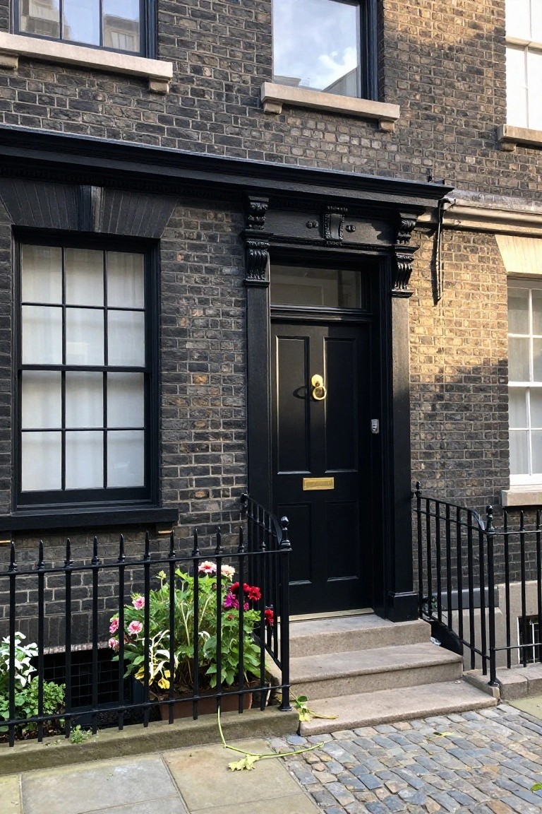 Dark brick townhouse facade with black front door featuring gold knocker and letterbox, black-framed windows with white curtains, black iron railing around potted flowers, and stone steps to cobblestone street.