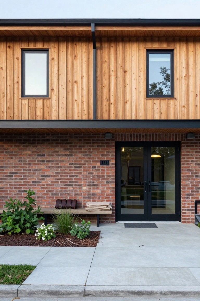 Two-story house exterior with red brick base, light wood vertical siding on upper level, black-framed windows and double front doors, wooden bench with cushions and plants beside concrete entry path.